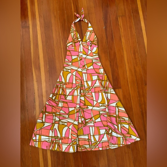 1970s Geometric Print Polyester Halter Maxi Dress - Picture 1 of 8